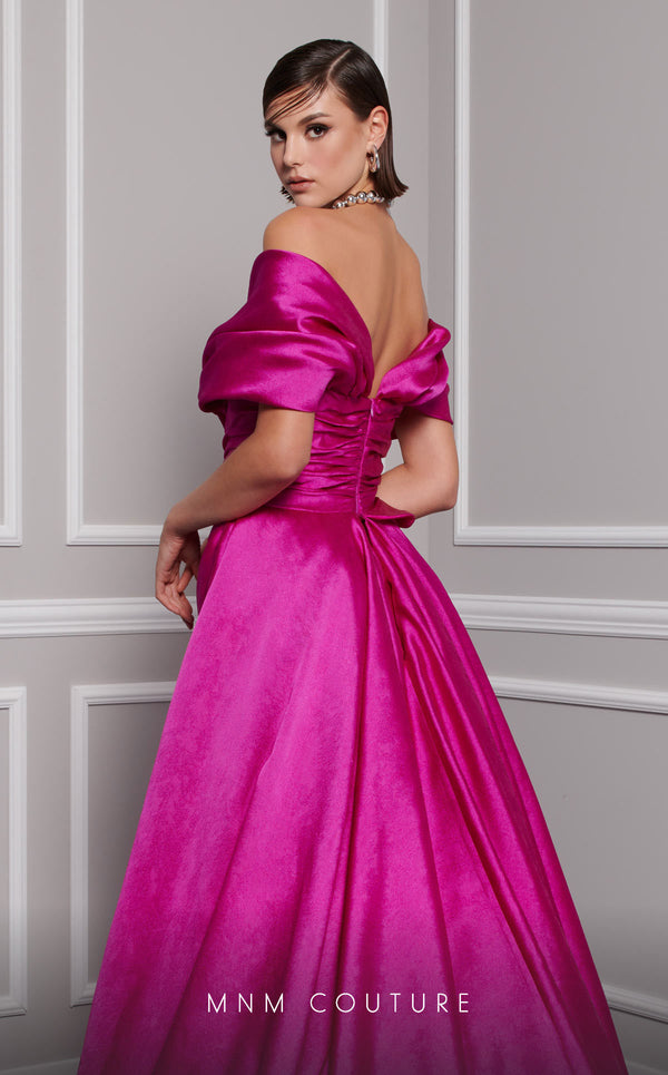 MNM Couture 2747A strapless broquard gown with flared skirt and tail. | Couture Shop LA
