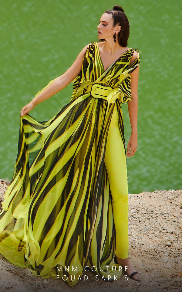 MNM Couture 2748: Sleeveless chiffon jumpsuit with a V-neckline, cinched belt, and flowing wide-leg silhouette. | Couture Shop LA