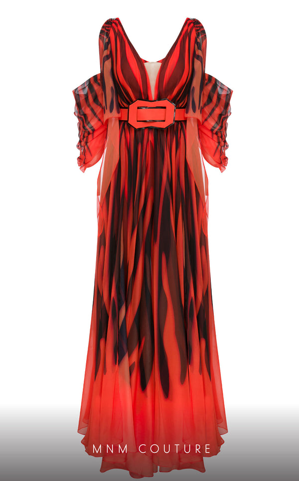 MNM Couture 2748: Sleeveless chiffon jumpsuit with a V-neckline, cinched belt, and flowing wide-leg silhouette. | Couture Shop LA