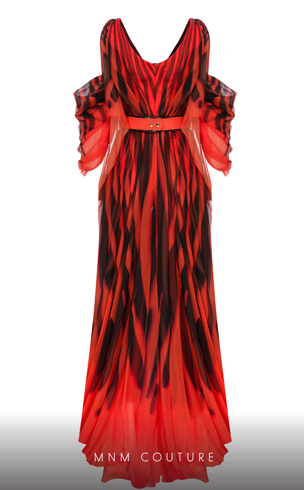 MNM Couture 2748: Sleeveless chiffon jumpsuit with a V-neckline, cinched belt, and flowing wide-leg silhouette. | Couture Shop LA