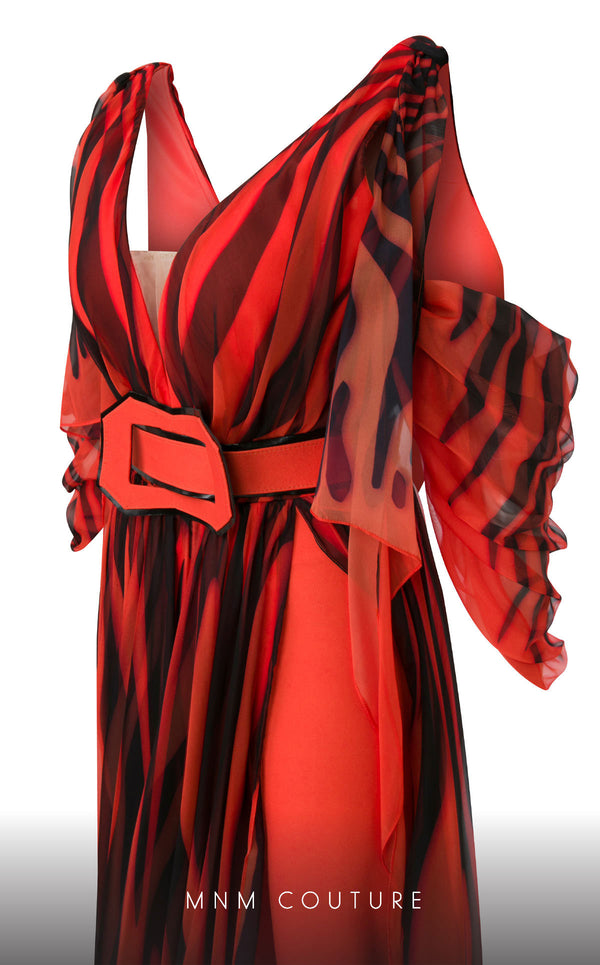 MNM Couture 2748: Sleeveless chiffon jumpsuit with a V-neckline, cinched belt, and flowing wide-leg silhouette. | Couture Shop LA