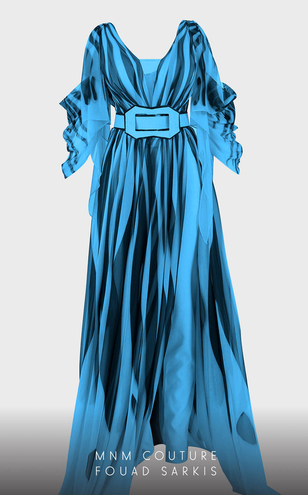 MNM Couture 2748: Sleeveless chiffon jumpsuit with a V-neckline, cinched belt, and flowing wide-leg silhouette. | Couture Shop LA