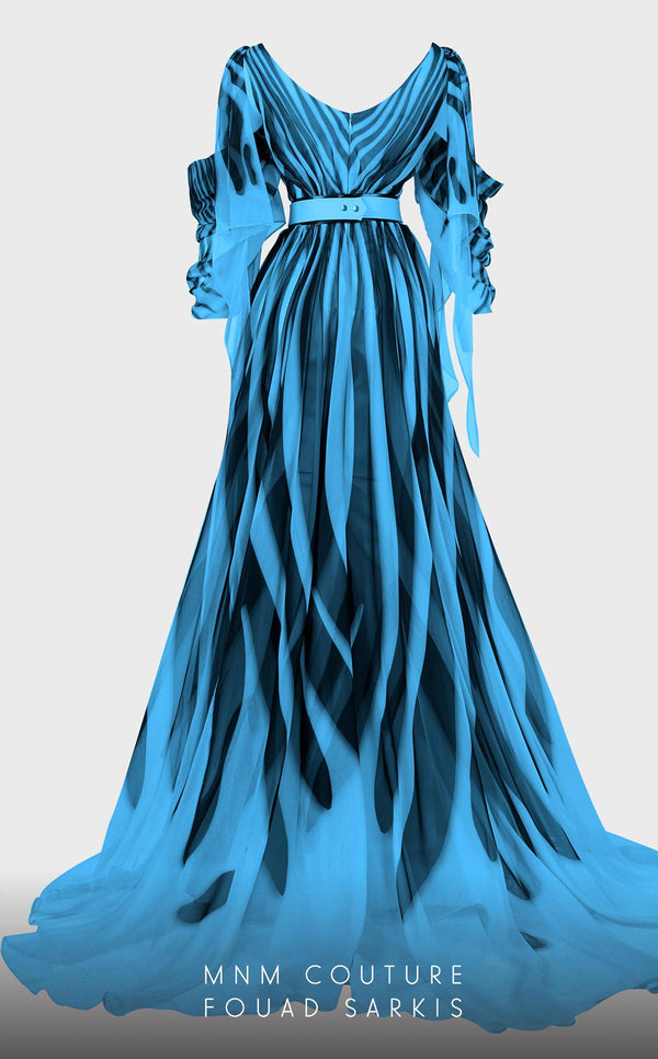 MNM Couture 2748: Sleeveless chiffon jumpsuit with a V-neckline, cinched belt, and flowing wide-leg silhouette. | Couture Shop LA