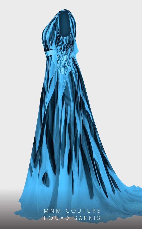MNM Couture 2748: Sleeveless chiffon jumpsuit with a V-neckline, cinched belt, and flowing wide-leg silhouette. | Couture Shop LA