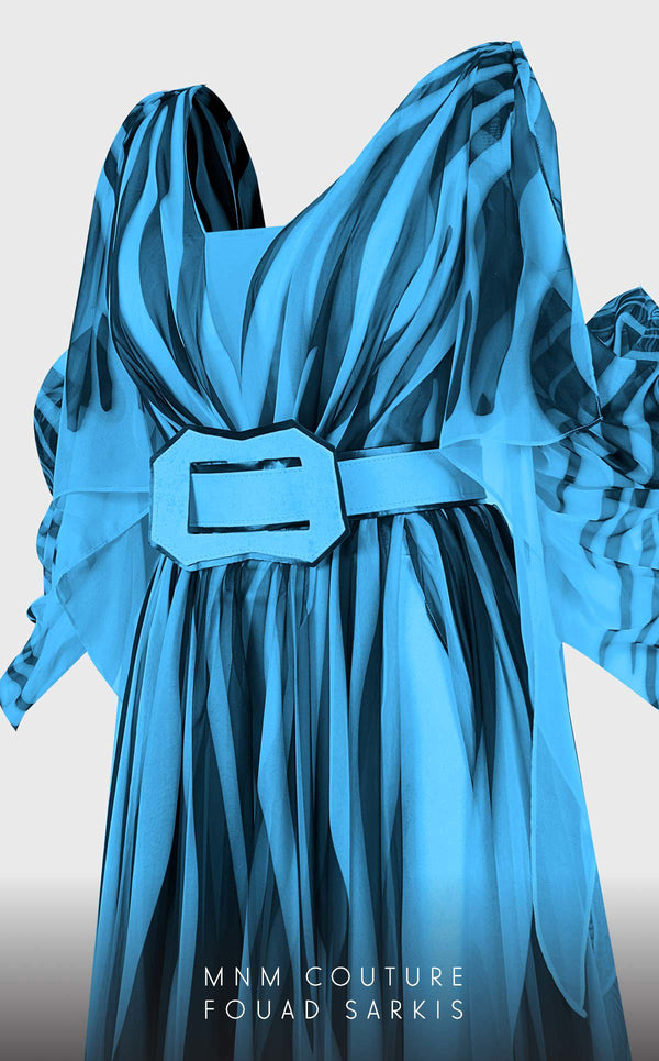 MNM Couture 2748: Sleeveless chiffon jumpsuit with a V-neckline, cinched belt, and flowing wide-leg silhouette. | Couture Shop LA