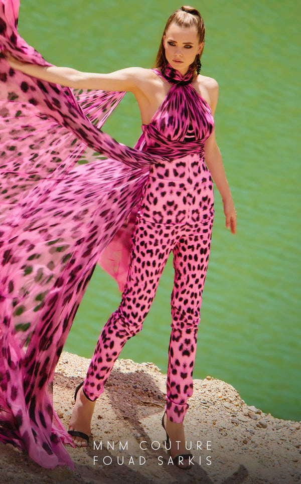 MNM Couture 2750: Halter chiffon jumpsuit with dramatic overskirt and tailored wide-leg design. | Couture Shop LA