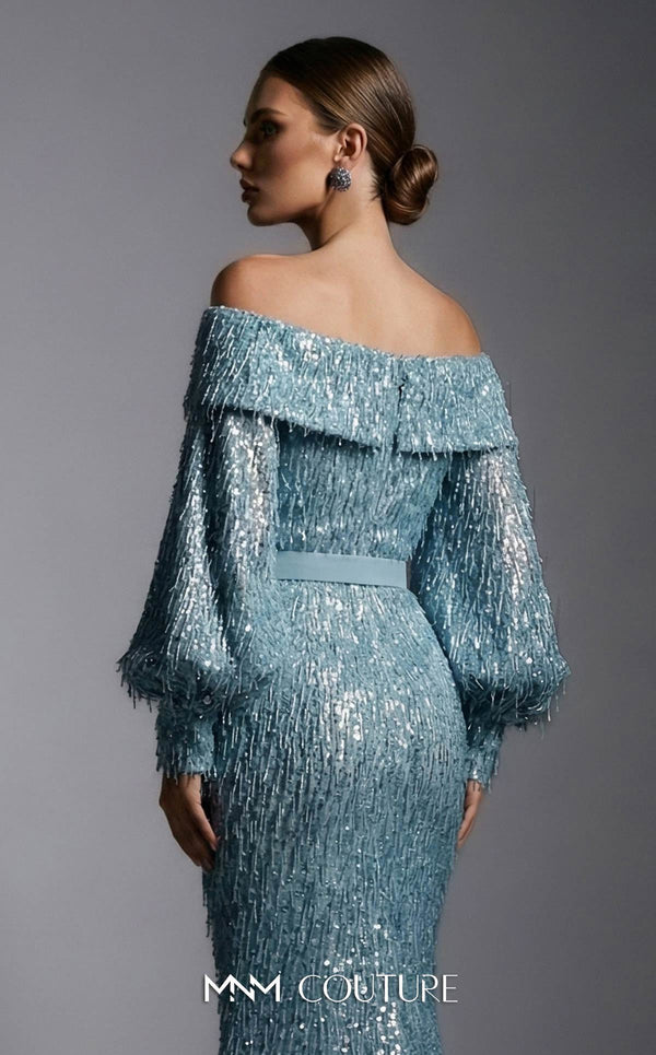MNM Couture 2752A bugle fringe beaded off-shoulder gown with puffed long sleeves, belt, and lower mermaid train | Couture Shop LA.