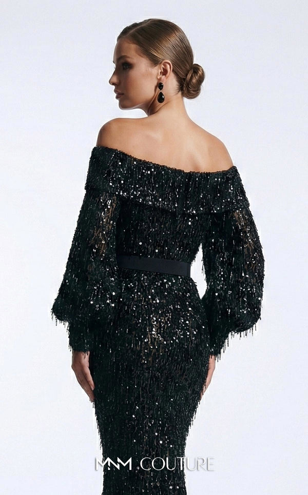MNM Couture 2752A bugle fringe beaded off-shoulder gown with puffed long sleeves, belt, and lower mermaid train | Couture Shop LA.