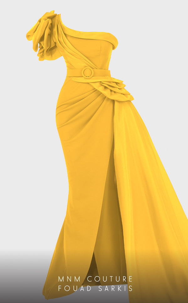 MNM Couture 2754: One-shoulder column dress with ruffled draping, side slit, and fitted waist. | Couture Shop LA