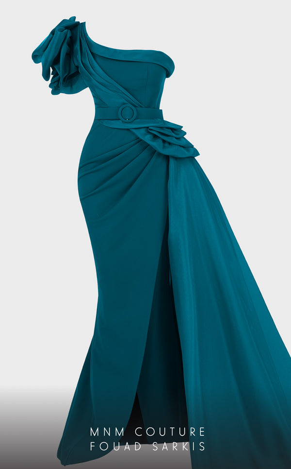 MNM Couture 2754: One-shoulder column dress with ruffled draping, side slit, and fitted waist. | Couture Shop LA
