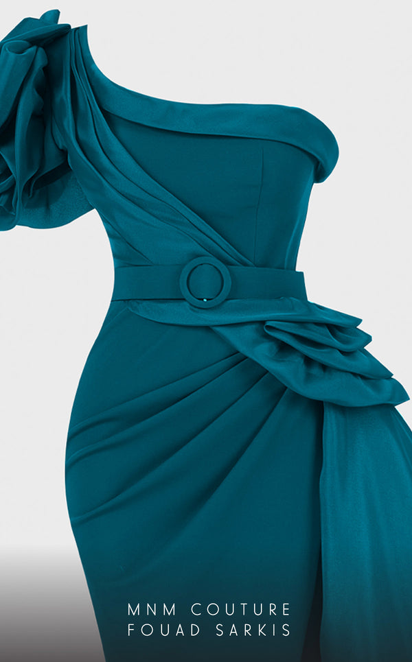MNM Couture 2754: One-shoulder column dress with ruffled draping, side slit, and fitted waist. | Couture Shop LA