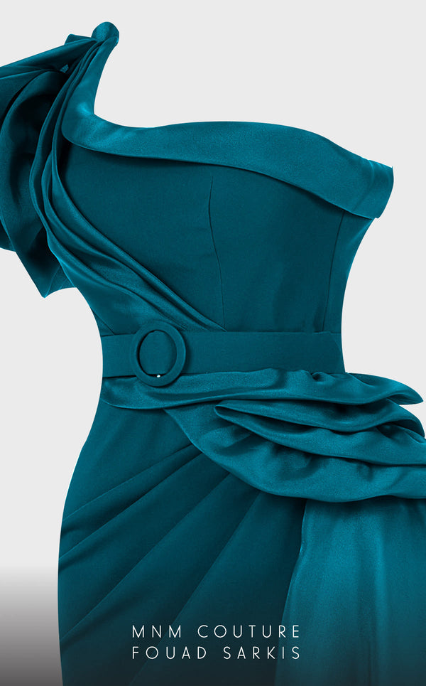 MNM Couture 2754: One-shoulder column dress with ruffled draping, side slit, and fitted waist. | Couture Shop LA