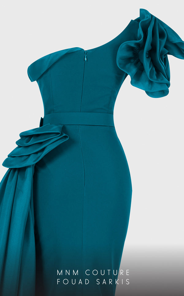 MNM Couture 2754: One-shoulder column dress with ruffled draping, side slit, and fitted waist. | Couture Shop LA