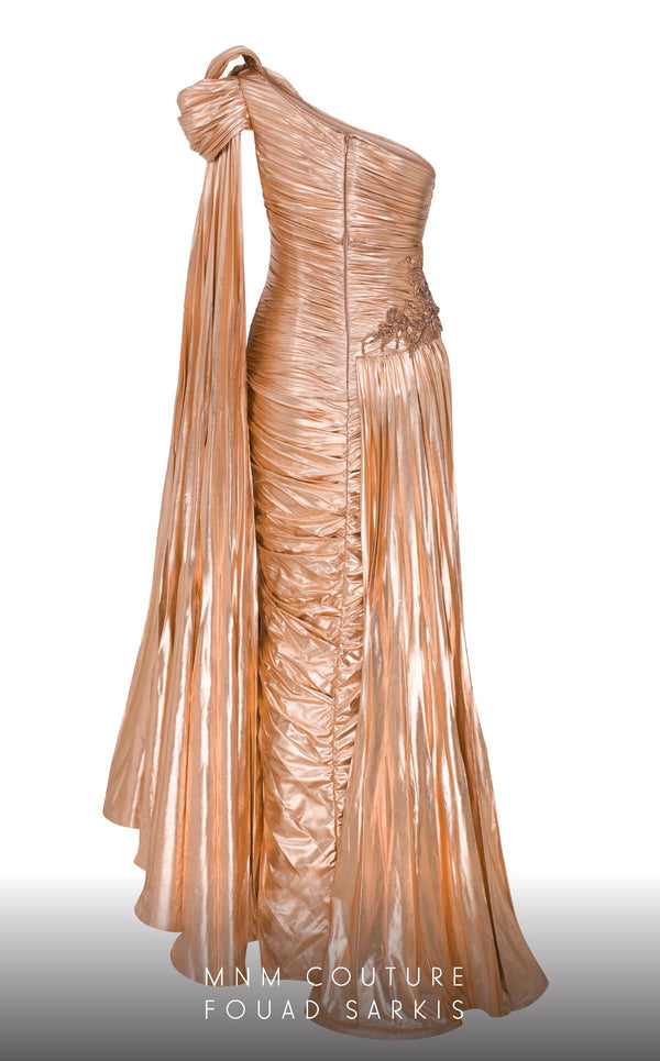MNM Couture 2761: One-shoulder metallic lycra fitted gown with a mermaid silhouette and striking front slit. | Couture Shop LA