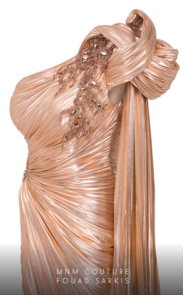MNM Couture 2761: One-shoulder metallic lycra fitted gown with a mermaid silhouette and striking front slit. | Couture Shop LA