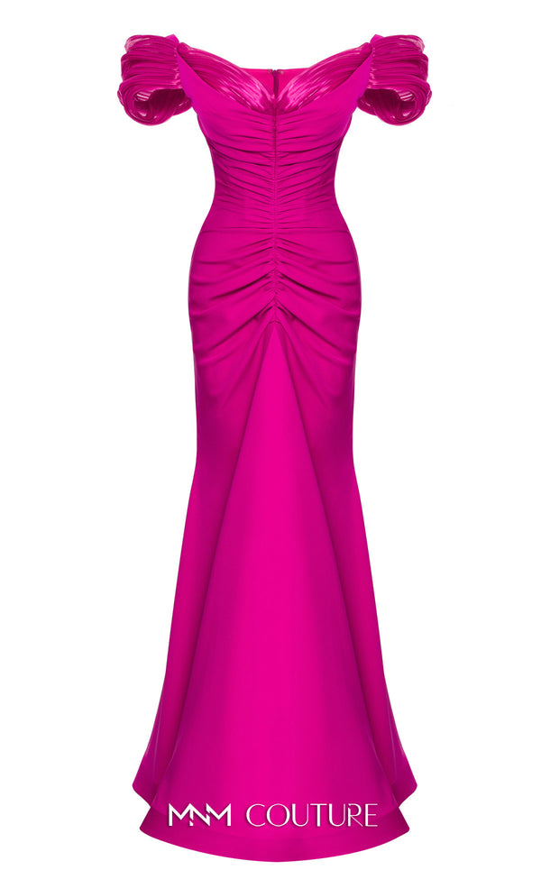 MNM Couture 2774: Long evening dress with V-neckline, ruched bodice, and short sleeves for a timeless look. | Couture Shop LA