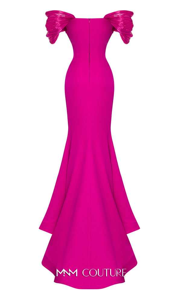 MNM Couture 2774: Long evening dress with V-neckline, ruched bodice, and short sleeves for a timeless look. | Couture Shop LA