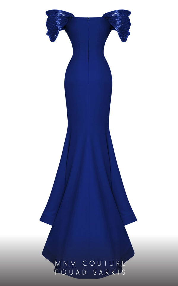 MNM Couture 2774: Long evening dress with V-neckline, ruched bodice, and short sleeves for a timeless look. | Couture Shop LA