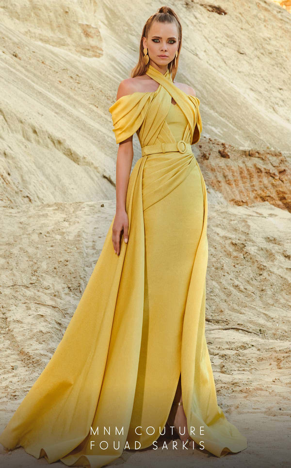 MNM Couture 2776: Off-the-shoulder gown with high slit, halter back, and fitted crepe material for mother of bride. | Couture Shop LA