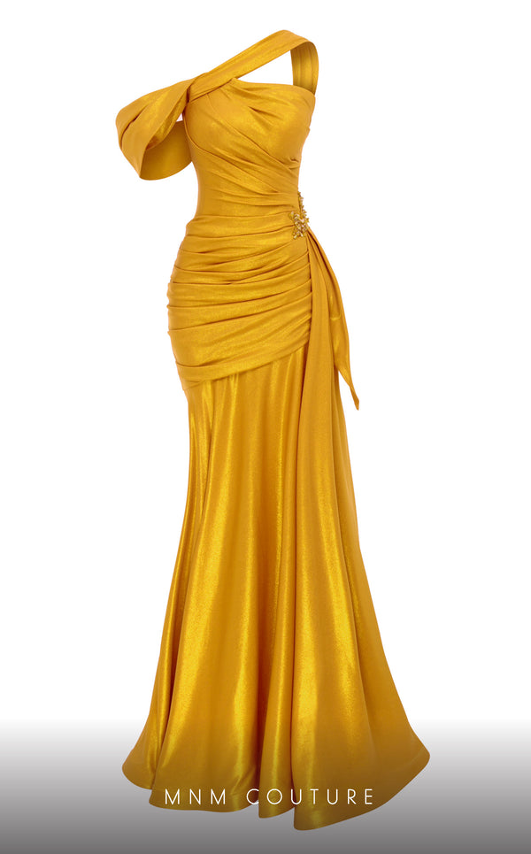 MNM Couture 2792: Asymmetrical mermaid evening gown with metallic sheen, bold embellishments, and a captivating silhouette. | Couture Shop LA.