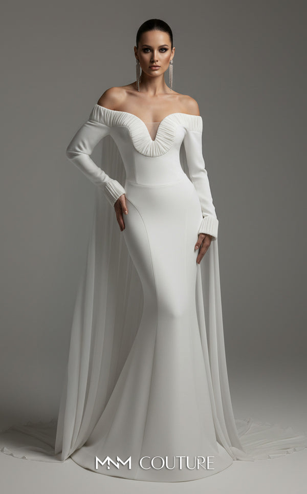 MNM Couture 2793: off-shouldered gown with shifon and draped bust. | Couture Shop LA