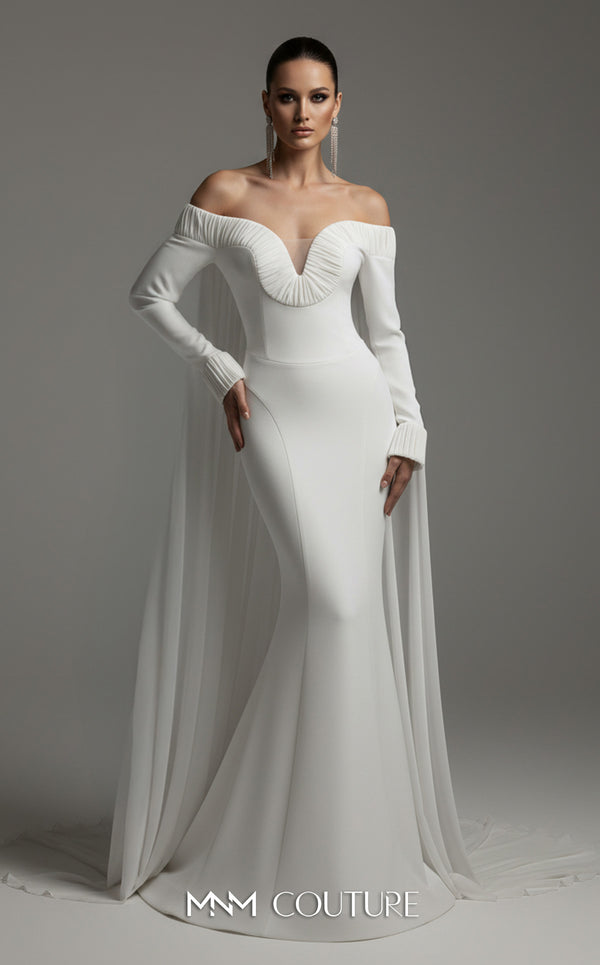 MNM Couture 2793: off-shouldered gown with shifon and draped bust. | Couture Shop LA