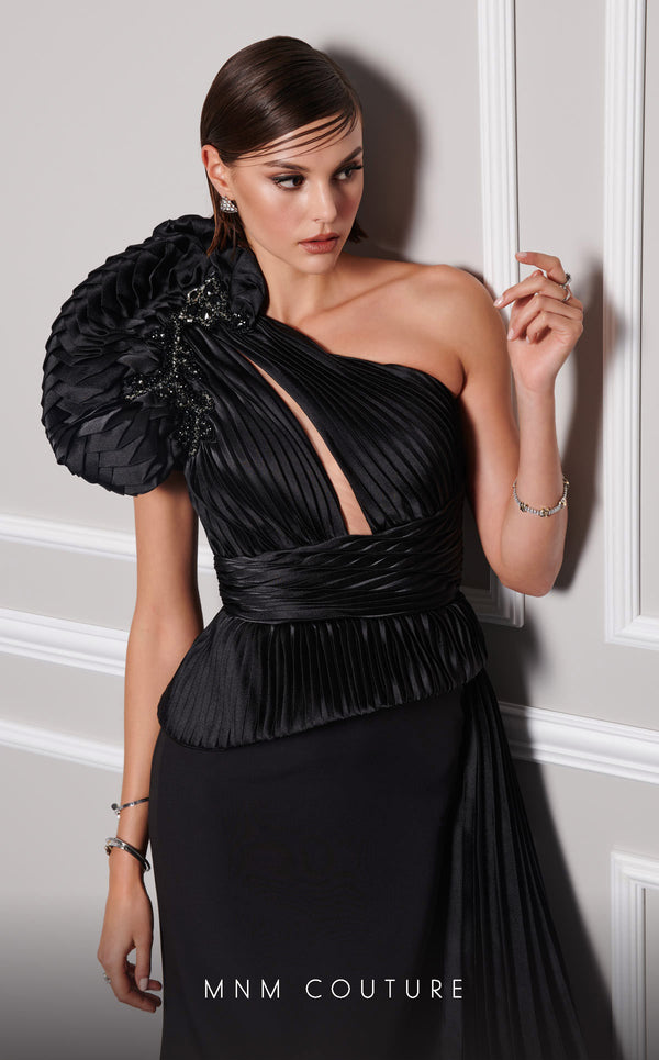 Elegant MNM Couture 2799A gown for Red carpet: Asymmetrical neckline, draped bust, waist embellishments, Roman classic skirt, and shoulder tassel detail | Couture Shop LA