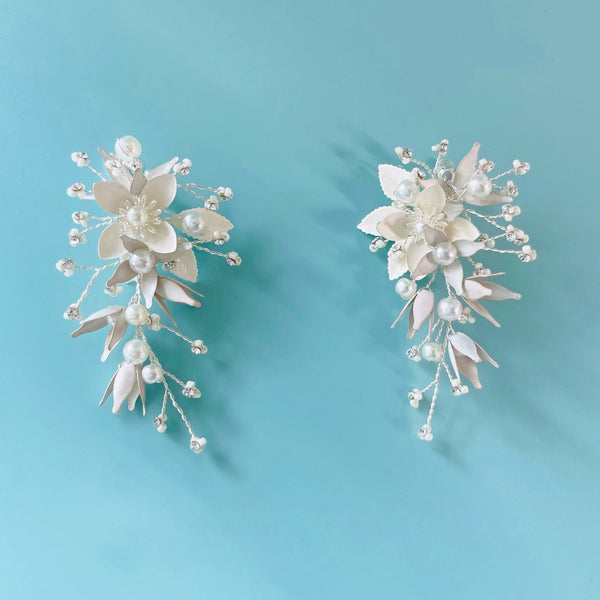 AUE514 white flower earrings with intricate beading| Couture Shop LA