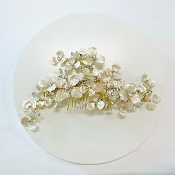 AUH1051 gold and pearl rose flower headpiece designed for romantic occasions| Couture Shop LA