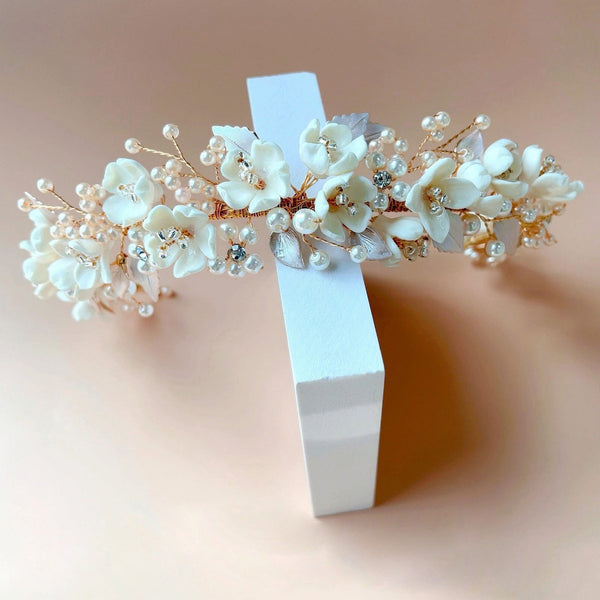 AUHBA432 gold pearl flower hairband with intricate handcrafted details| Couture Shop LA