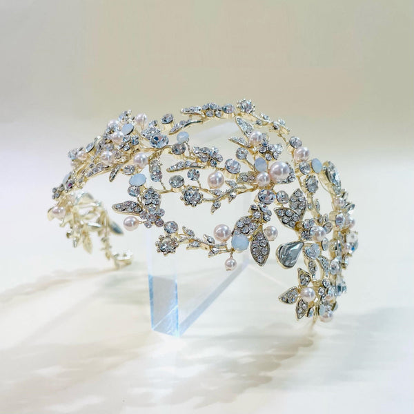 AUHBA777 gold hairband with intricate flower beadwork for timeless elegance| Couture Shop LA