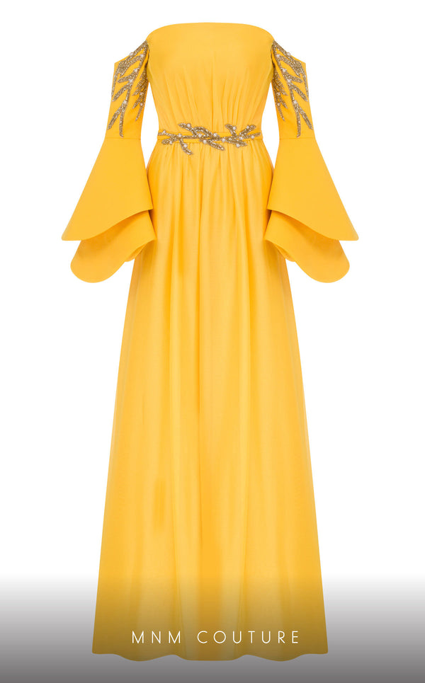 MNM Couture B1103 organza/rayon crepe dress with off-shoulder design and long sleeves. | Couture Shop LA