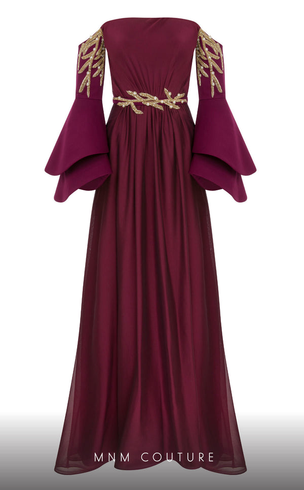 MNM Couture B1103 organza/rayon crepe dress with off-shoulder design and long sleeves. | Couture Shop LA