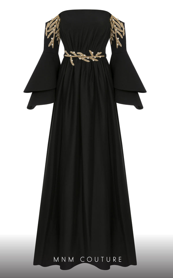 MNM Couture B1103 organza/rayon crepe dress with off-shoulder design and long sleeves. | Couture Shop LA