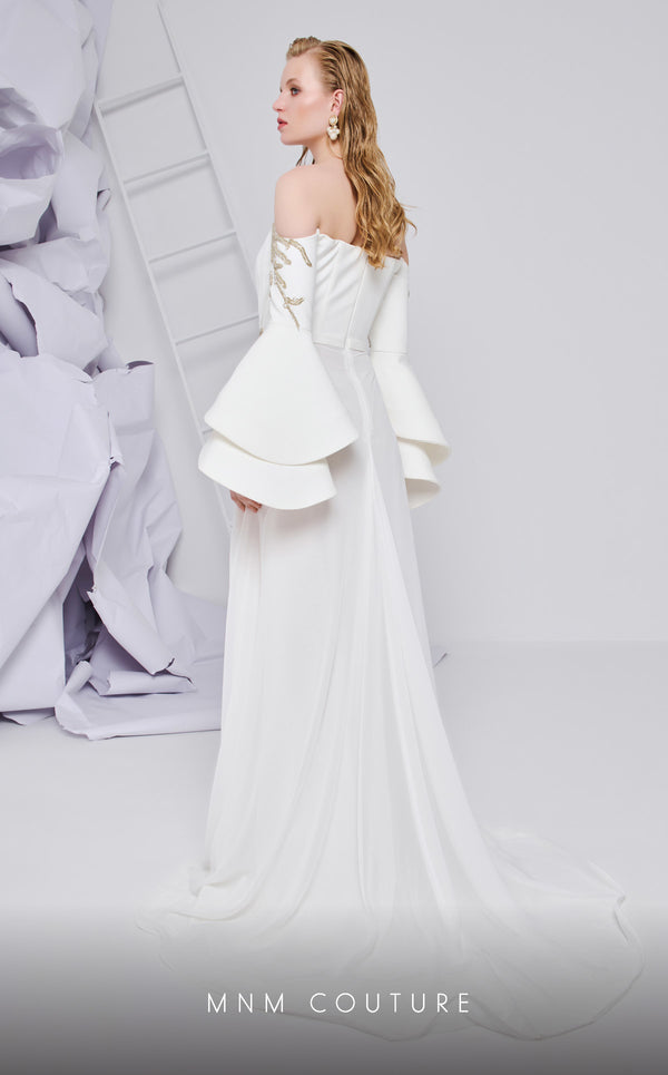 MNM Couture B1103 organza/rayon crepe dress with off-shoulder design and long sleeves. | Couture Shop LA