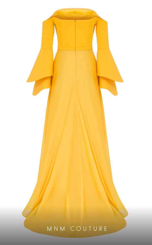 MNM Couture B1103 organza/rayon crepe dress with off-shoulder design and long sleeves. | Couture Shop LA