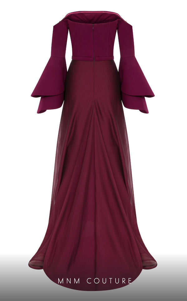 MNM Couture B1103 organza/rayon crepe dress with off-shoulder design and long sleeves. | Couture Shop LA