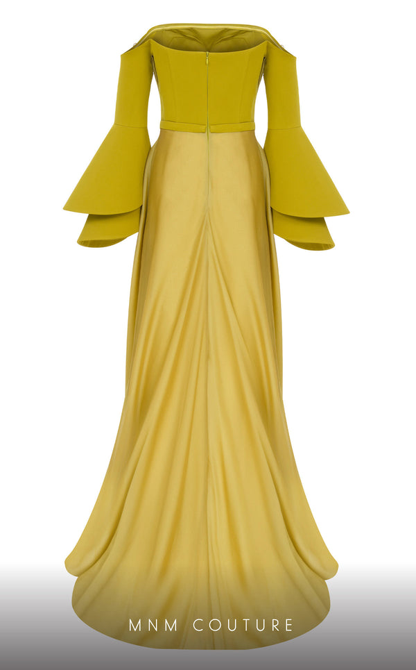MNM Couture B1103 organza/rayon crepe dress with off-shoulder design and long sleeves. | Couture Shop LA