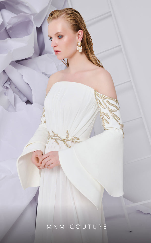 MNM Couture B1103 organza/rayon crepe dress with off-shoulder design and long sleeves. | Couture Shop LA
