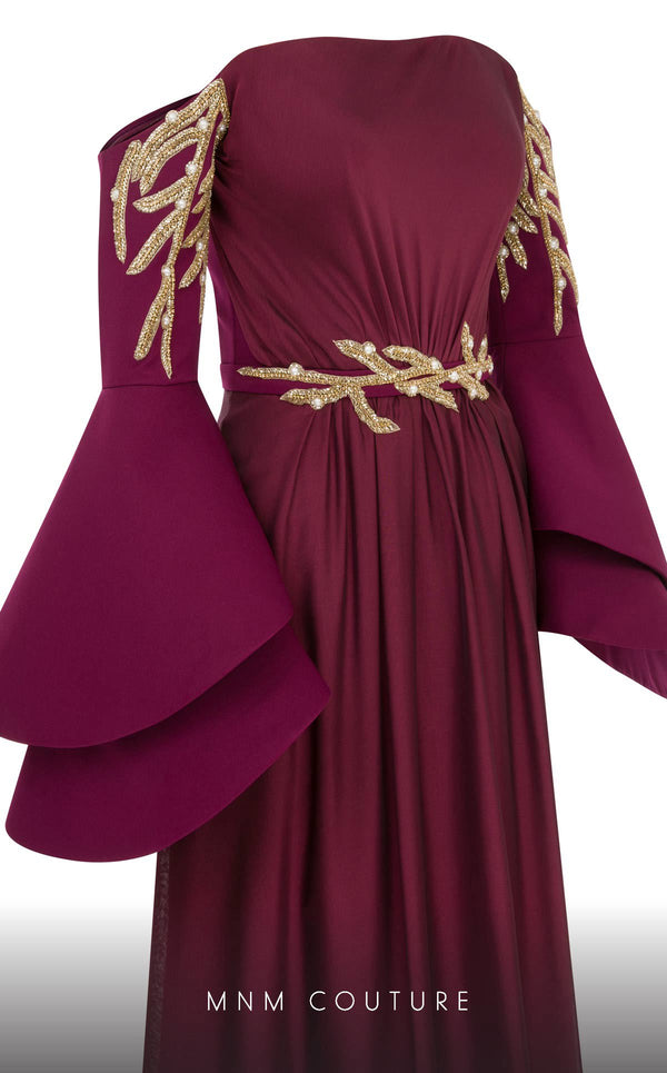 MNM Couture B1103 organza/rayon crepe dress with off-shoulder design and long sleeves. | Couture Shop LA