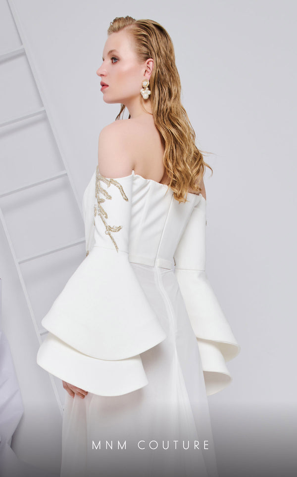MNM Couture B1103 organza/rayon crepe dress with off-shoulder design and long sleeves. | Couture Shop LA