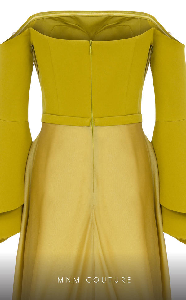 MNM Couture B1103 organza/rayon crepe dress with off-shoulder design and long sleeves. | Couture Shop LA