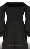 MNM Couture B1103 organza/rayon crepe dress with off-shoulder design and long sleeves. | Couture Shop LA