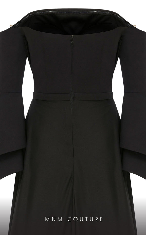 MNM Couture B1103 organza/rayon crepe dress with off-shoulder design and long sleeves. | Couture Shop LA