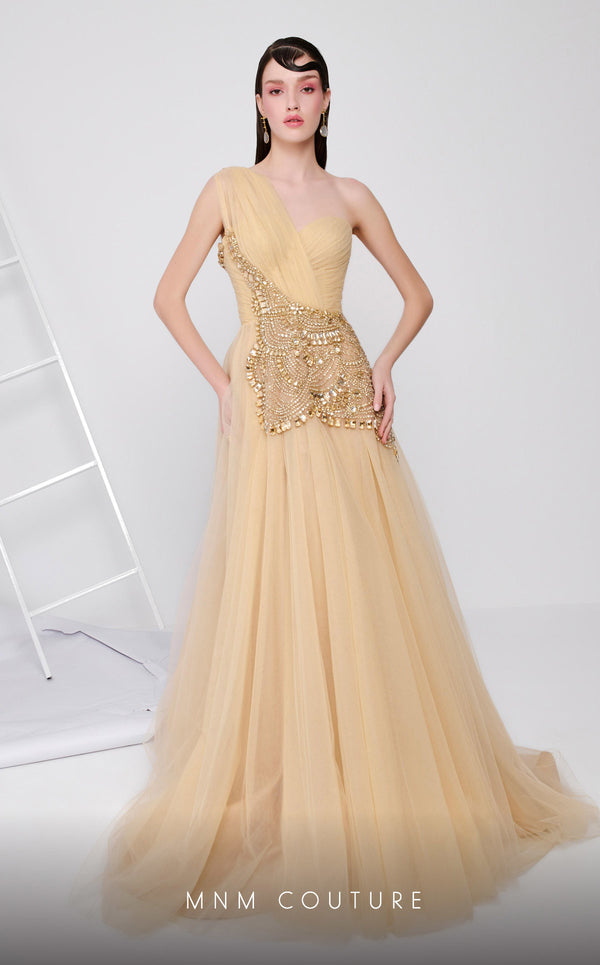 MNM Couture B1110 tulle dress with asymmetrical sleeve and beaded embroidery. | Couture Shop LA