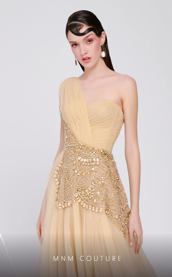 MNM Couture B1110 tulle dress with asymmetrical sleeve and beaded embroidery. | Couture Shop LA