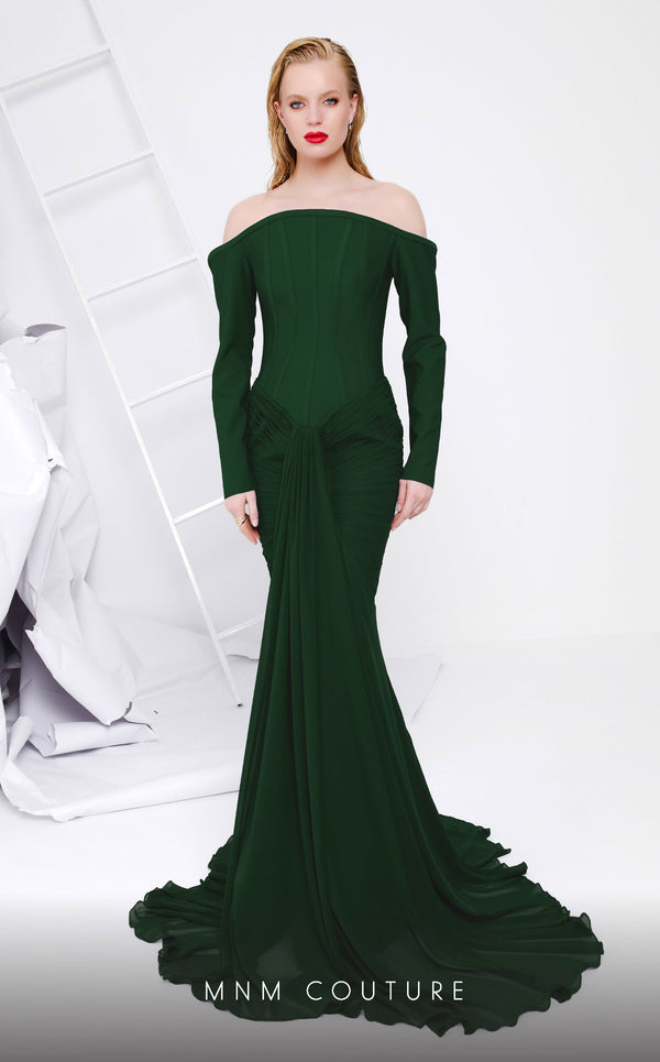 MNM Couture B1112 crepe/chiffon dress with long sleeves and mermaid cut. | Couture Shop LA