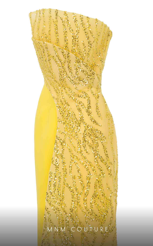 MNM Couture B1116 navy crepe column dress with bead and sequin details creating a tail effect. | Couture Shop LA