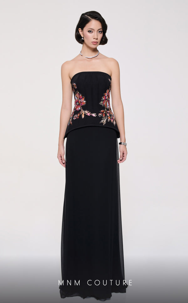 MNM Couture B1117 black mint column gown with floral embroidered corset and train |Couture Shop LA