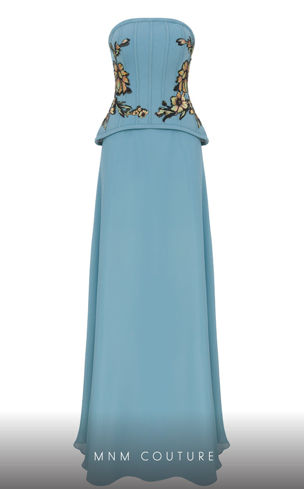 MNM Couture B1117 black mint column gown with floral embroidered corset and train |Couture Shop LA